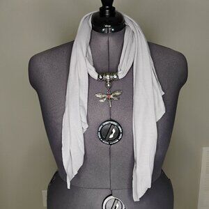 Light Gray Neck Scarf with Dragonfly Pendant - NWOT